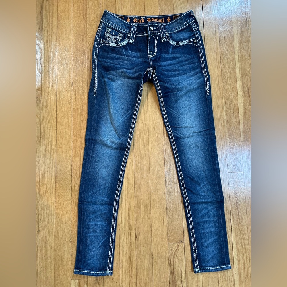 Women’s Rock Revival Luxor S200 Med Wash Skinny Jeans Crystal Embellishments 25 - Picture 2 of 14